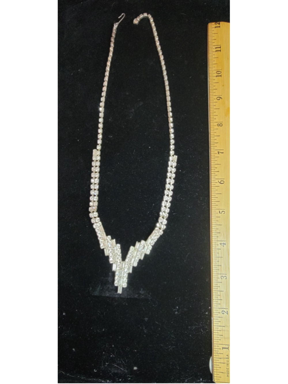 Vintage Rhinestone Necklace Silver Tone Baguette Art Deco Statement Wedding Prom